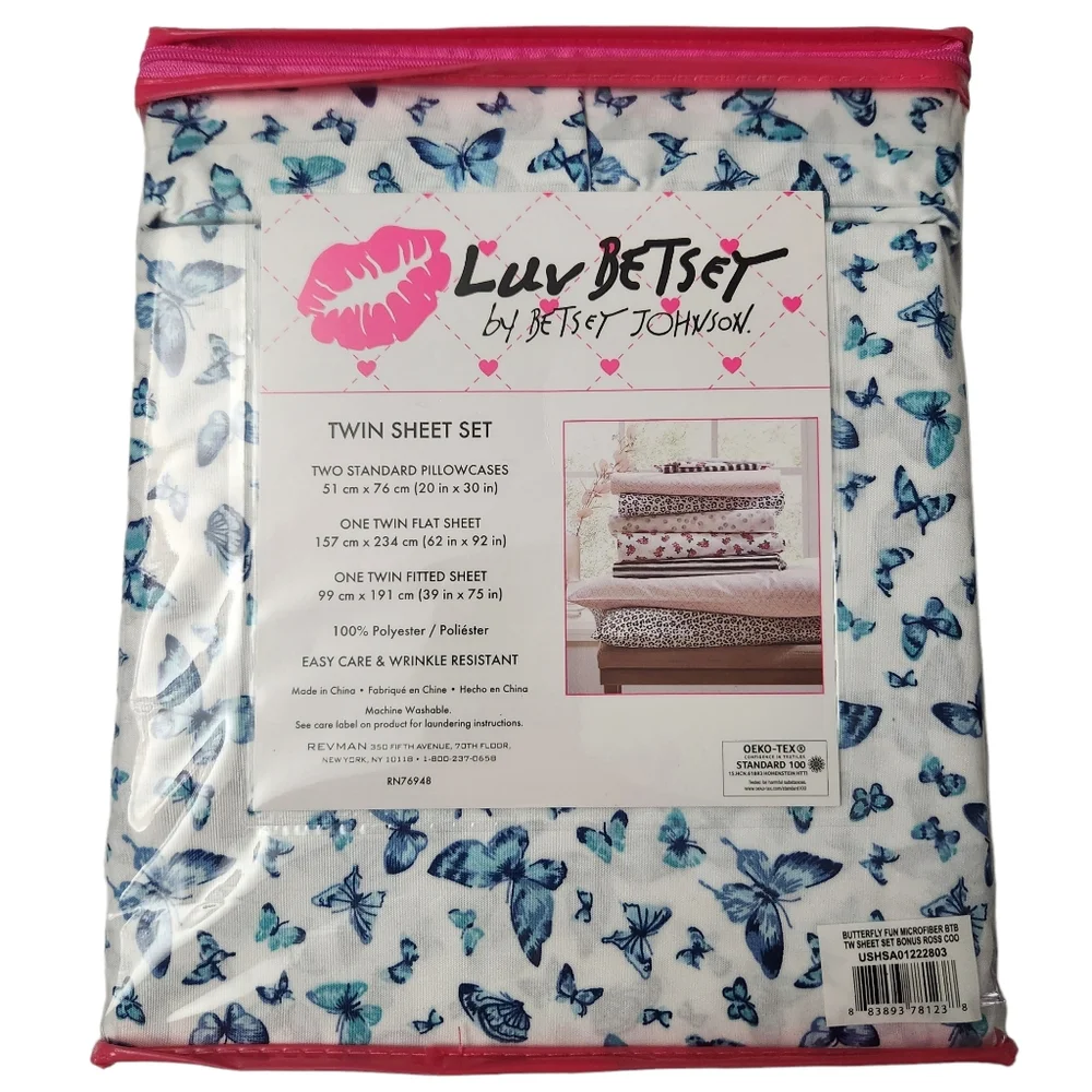 Luv Betsey by Betsey Johnson 4pc TWIN Sheet Set White Blue Butterfly Print